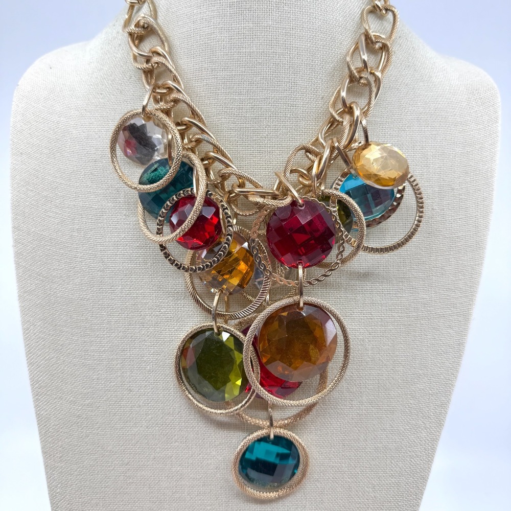 Multicolor Faceted Crystal Bead Circle Charm Gold Tone Bib Necklace Statement